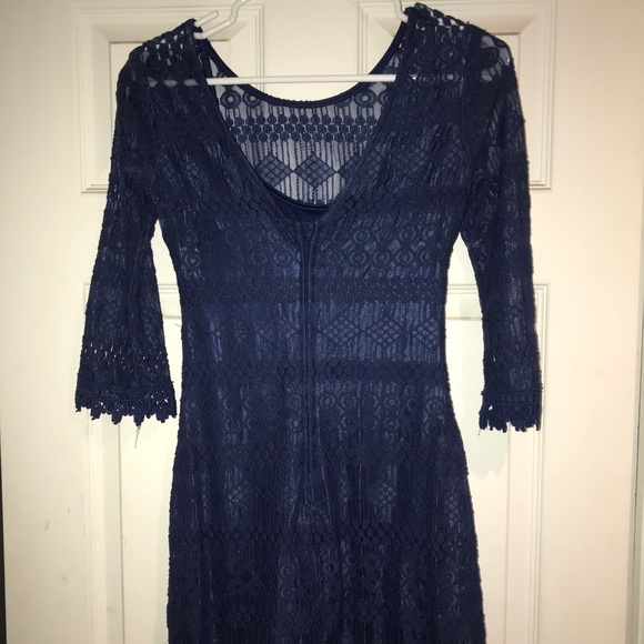 Lace 3/4 Sleeve Navy Blue Dress - Picture 3 of 3